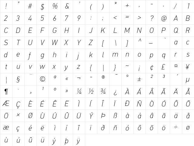 PF DinText Pro Thin Italic  glyph index