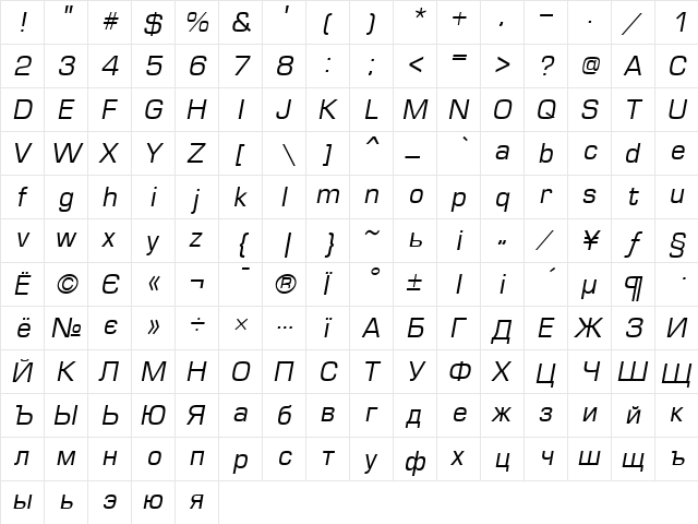 Europe Italic  glyph index