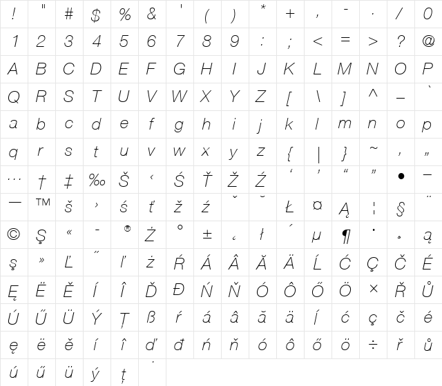 Helvetica CE 35 Thin Italic  glyph index