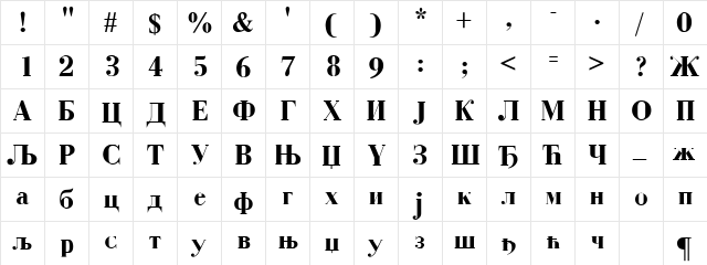 Czar Cirilica Bold  glyph index
