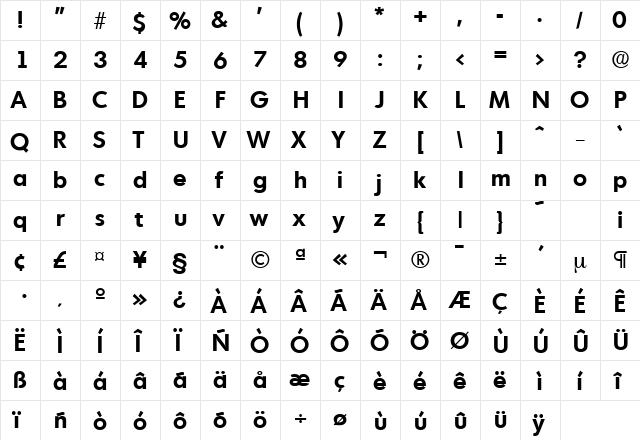 Montreal-Serial Bold  glyph index