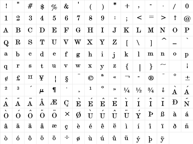 Devine Bold  glyph index