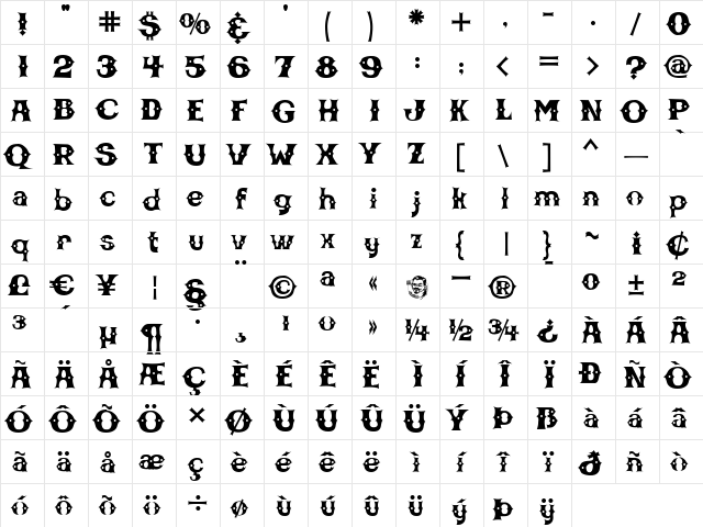 CBGBFont Regular  glyph index
