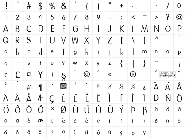 Dreamspeak Regular  glyph index