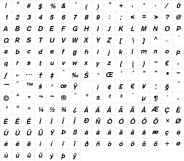 Akzidenz Grotesk Light Bold Italic  glyph index