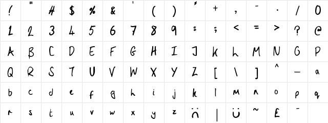 Joe Brooks Hand Regular  glyph index