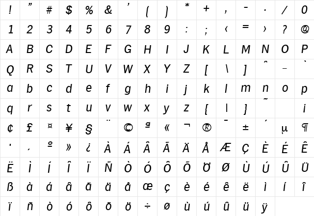 Hamburg-Serial RegularItalic  glyph index