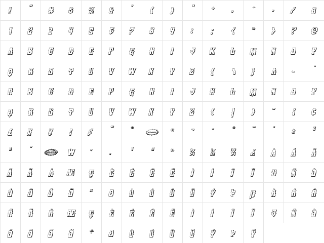 Warlock's Ale 3D Italic Italic  glyph index
