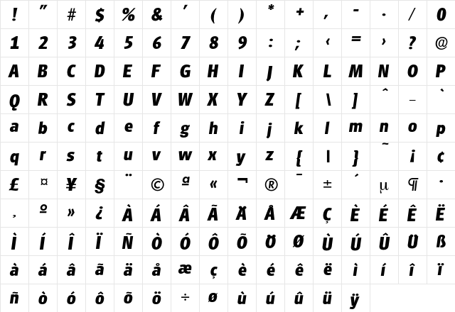 Glasgow-BoldIta Regular  glyph index