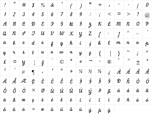 Monoline Script MT Italic  glyph index
