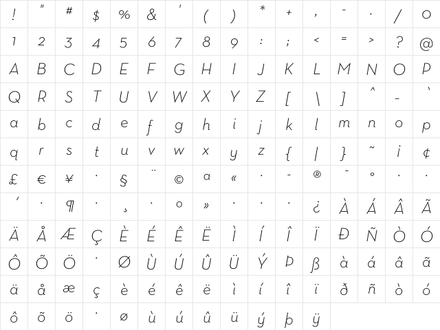 Neutra Text Light Italic  glyph index