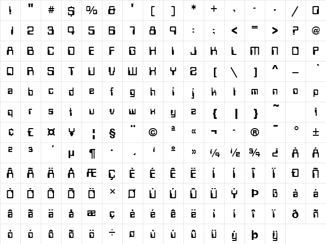 Datalook Regular  glyph index