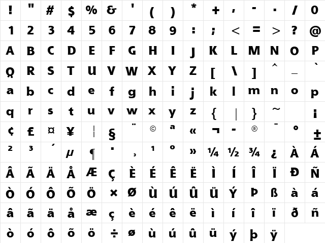 Shannon Extra Bold ATT Regular  glyph index