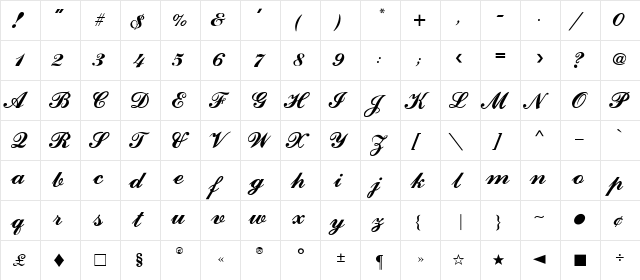 CounselorScript Medium  glyph index