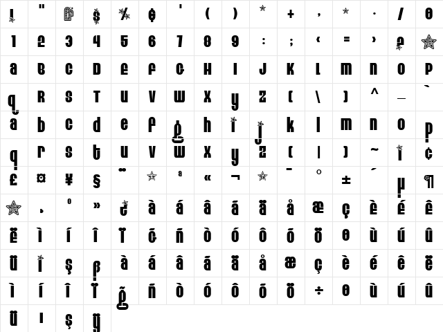 TR Eight Track Regular  glyph index