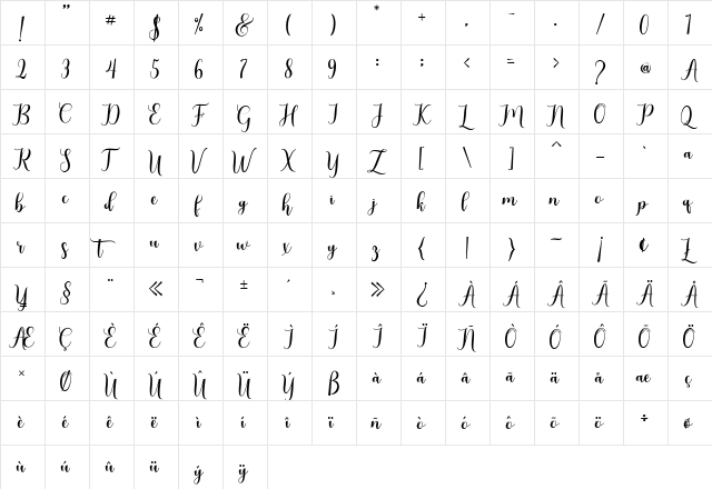 Gladiolus Script Regular  glyph index