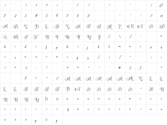 Angeliny Regular  glyph index