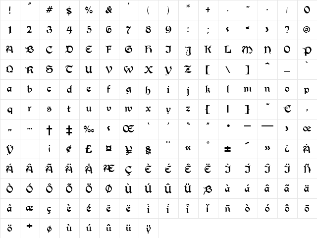 Lionheart Regular  glyph index