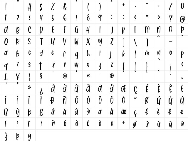 Secret Love Regular  glyph index