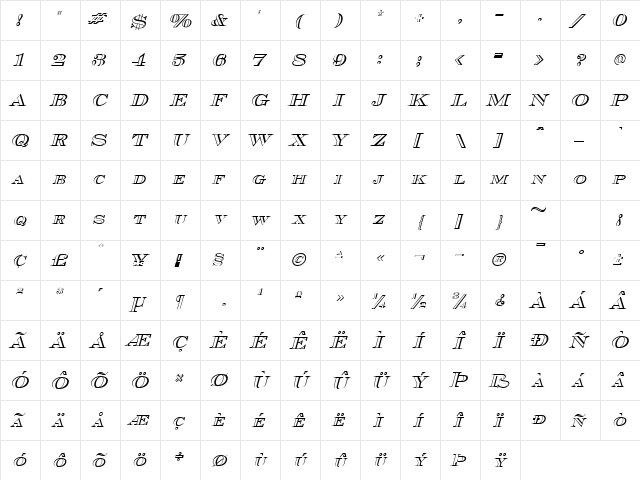 Cash Outline Italic  glyph index
