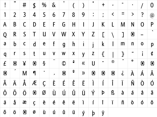 WhitneySans-MediumCondensed Regular  glyph index