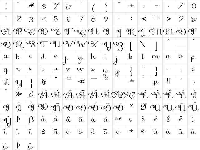 Beligna Regular  glyph index