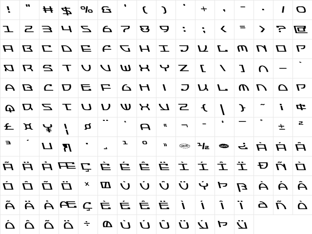 Jumptroops Leftalic Italic  glyph index