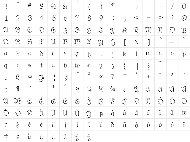PhederFrackThin Regular  glyph index