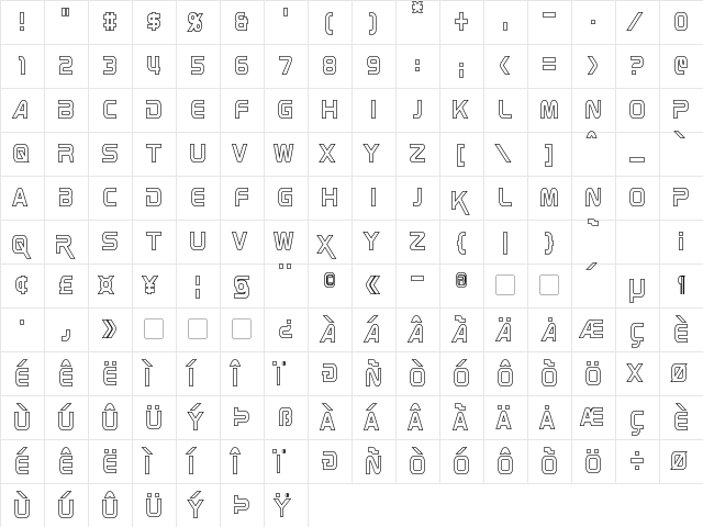 Zebulon Condensed Hollow Regular  glyph index
