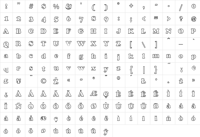 CooperBlackOutline Regular  glyph index