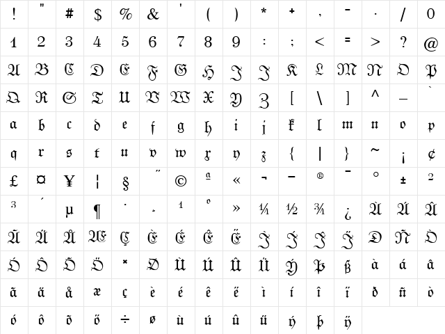 Kabinett Fraktur Regular  glyph index