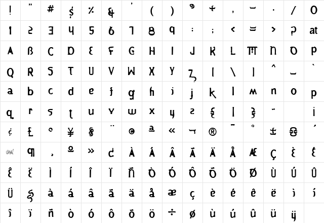 DutchTreat Regular  glyph index