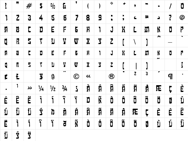 Hebrew Bold  glyph index