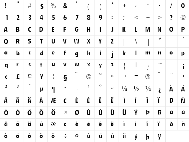 EmphasisCondSSK Regular  glyph index