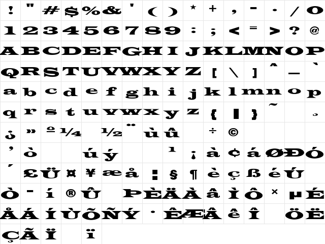 Latin-WideExt-Normal Regular  glyph index