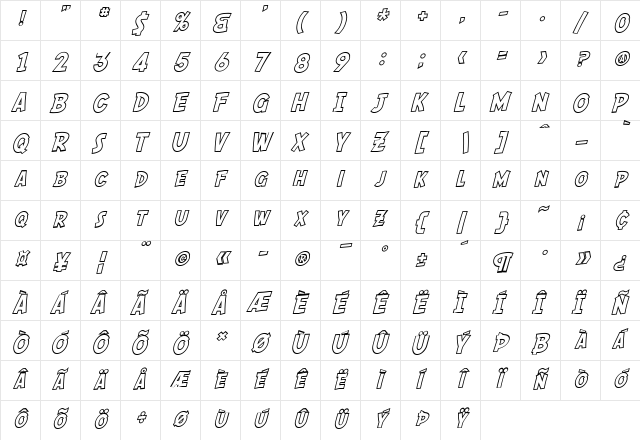 SF Comic Script Outline Regular  glyph index