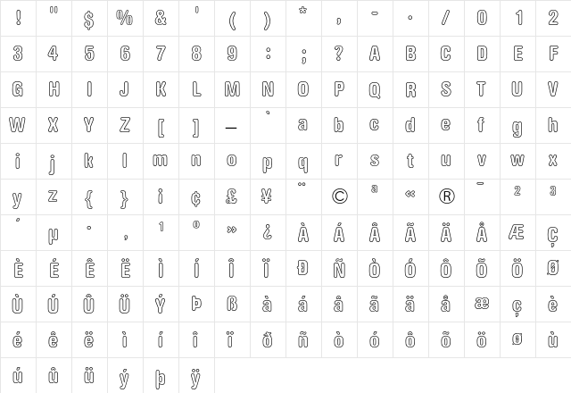 AG Book Rounded Bold Condensed Outline  glyph index