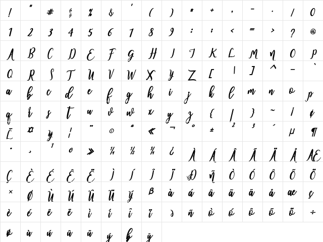 andalusia Regular  glyph index