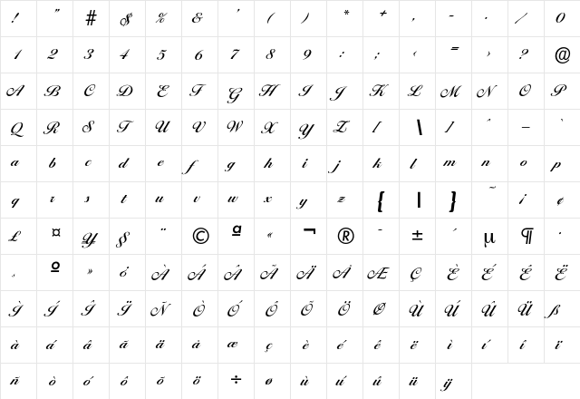 Ballantines-DemiBold Regular  glyph index