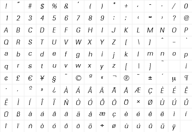 RochesterSerial-Light Italic  glyph index