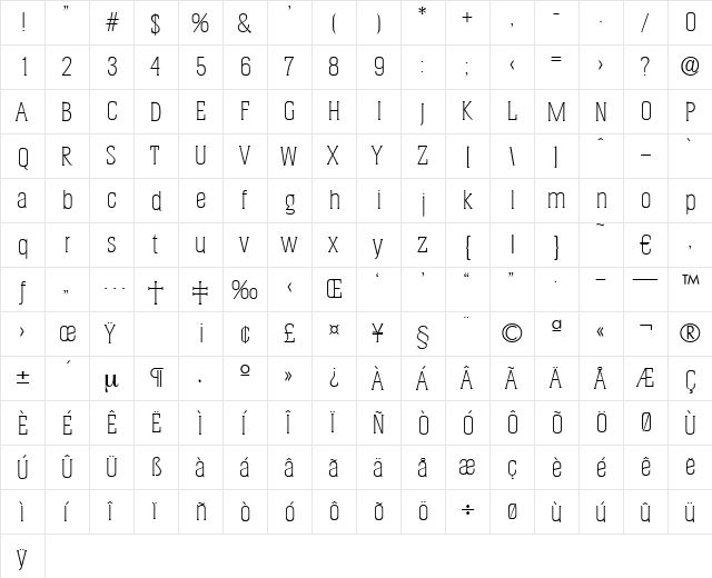 Helium-Xlight Regular  glyph index