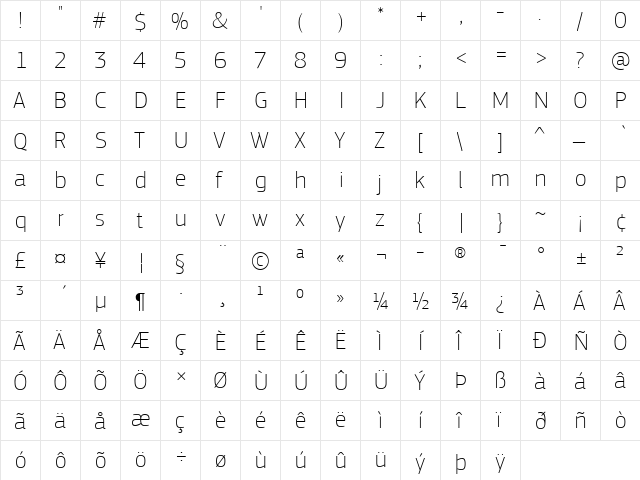 PF Square Sans Pro Thin  glyph index