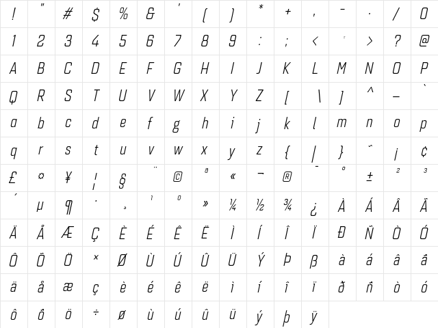 Quarca Cond Book Italic  glyph index
