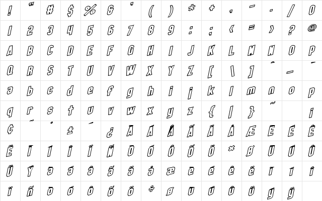 SF Obliquities Outline Bold  glyph index