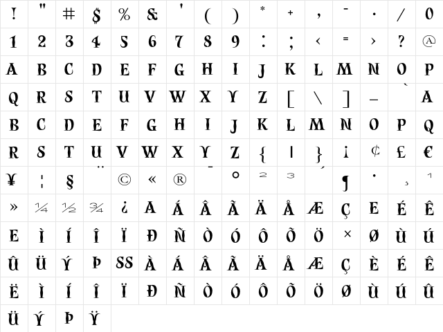 Evil Regular  glyph index