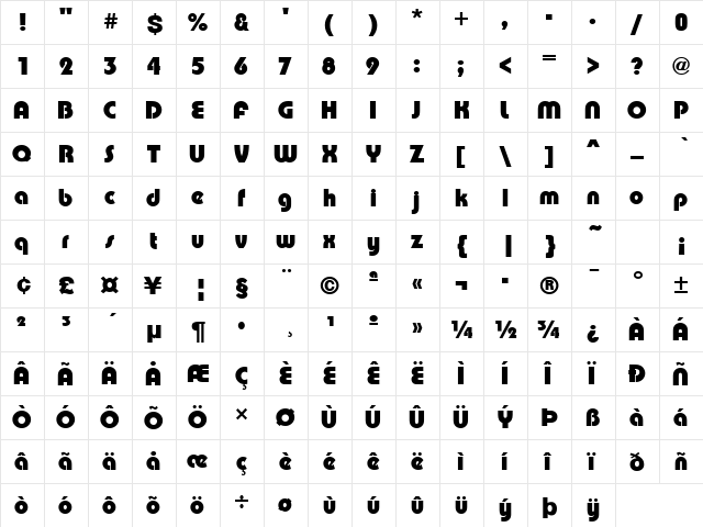 Poppy Bold  glyph index