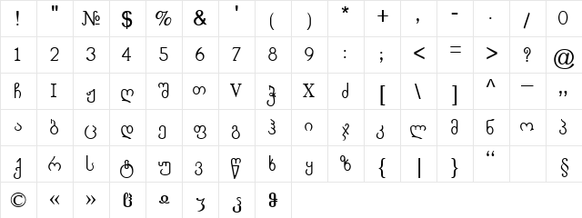 ChveuNusx Regular  glyph index