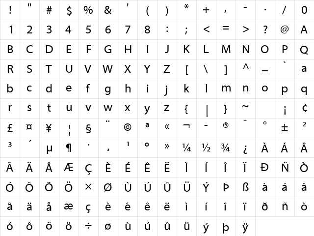 Myriad Web Pro Regular  glyph index