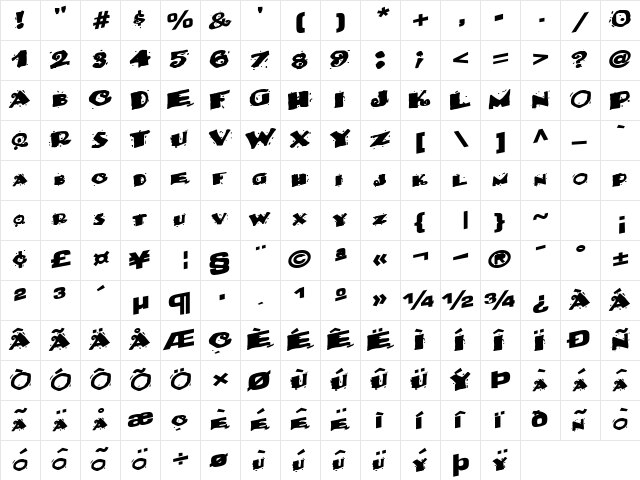 BackWater52 Bold  glyph index