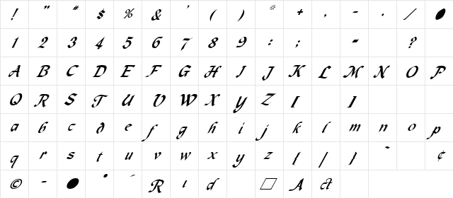MacHumaine Italic  glyph index